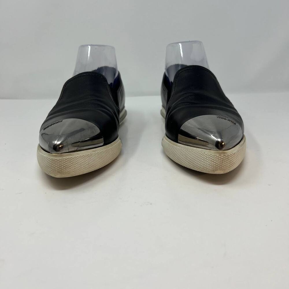 Miu Miu Loafers Women's 38.5 Black Leather Silver Toe Cap Slip On Luxury Shoes - Picture 4 of 16